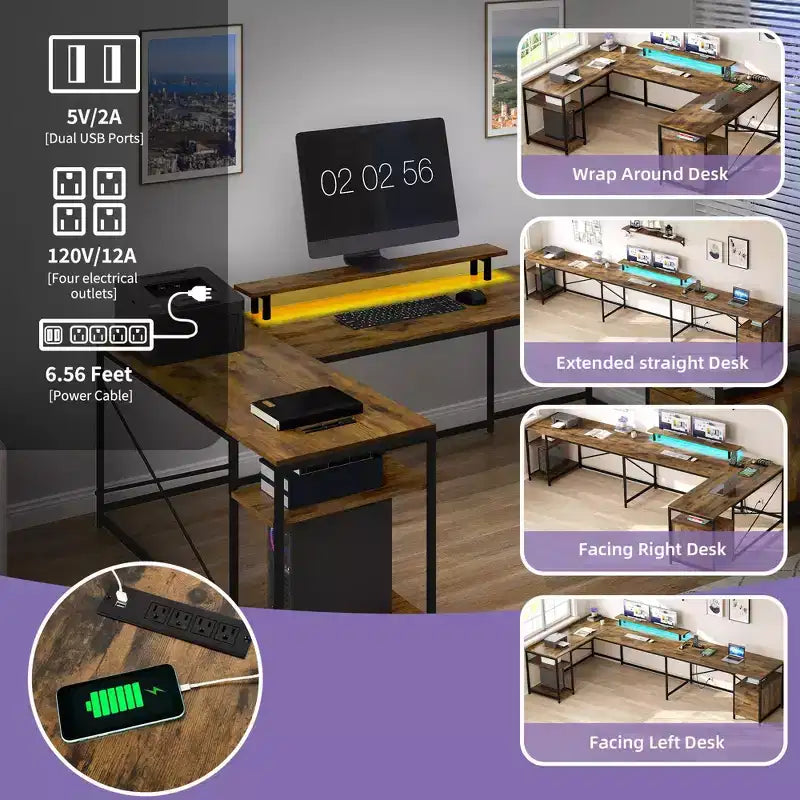 Bureau d'angle en U avec tiroirs, bureau d'ordinateur, bureau de travail avec support d'écran et étagères de rangement, marron