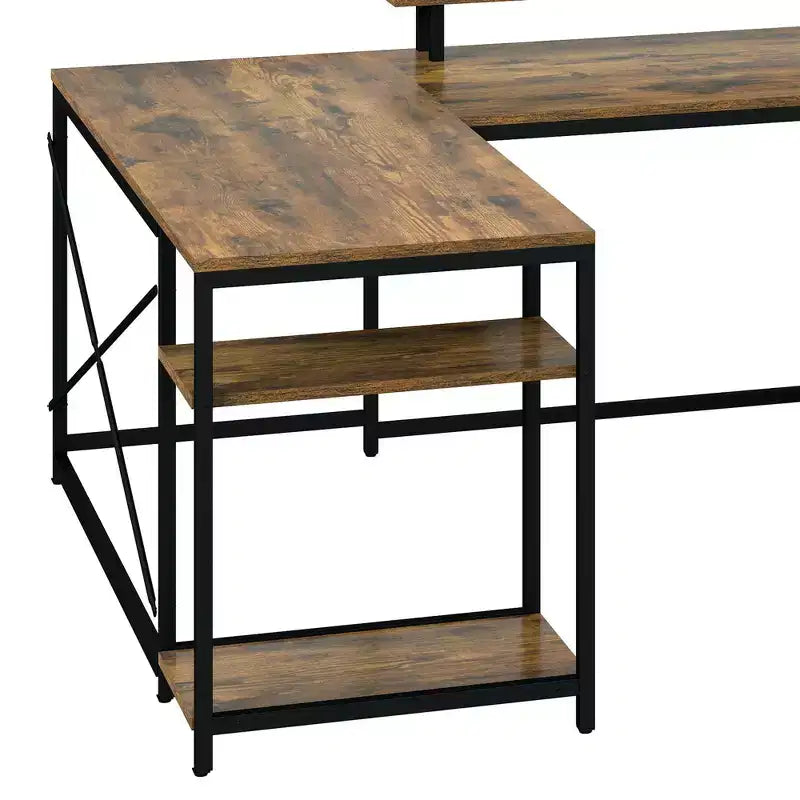 Bureau d'angle en U avec tiroirs, bureau d'ordinateur, bureau de travail avec support d'écran et étagères de rangement, marron