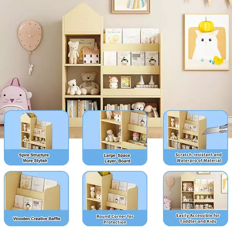 TUYOHW Étagère à livres pour enfants en bois avec 6 compartiments et 2 bacs, organisateur de rangement de jouets pour chambre à coucher, crèche, couloir, salon, salle de jeux
