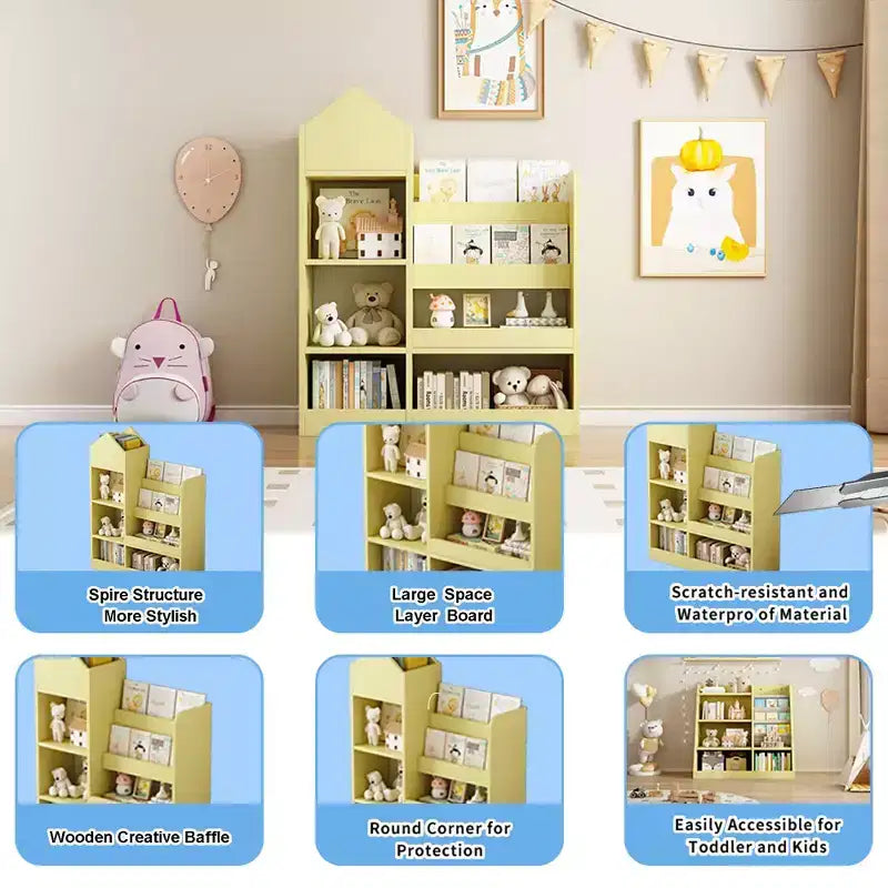 TUYOHW Étagère à livres pour enfants en bois avec 6 compartiments et 2 bacs, organisateur de rangement de jouets pour chambre à coucher, crèche, couloir, salon, salle de jeux