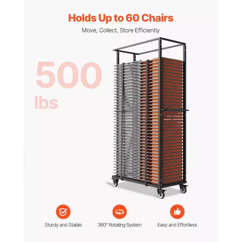 VEVOR Chariot pliant, capacité de 227 kg, chariot à chaises robuste pour 60 chaises, support à chaises en métal avec roulettes pivotantes, noir mat