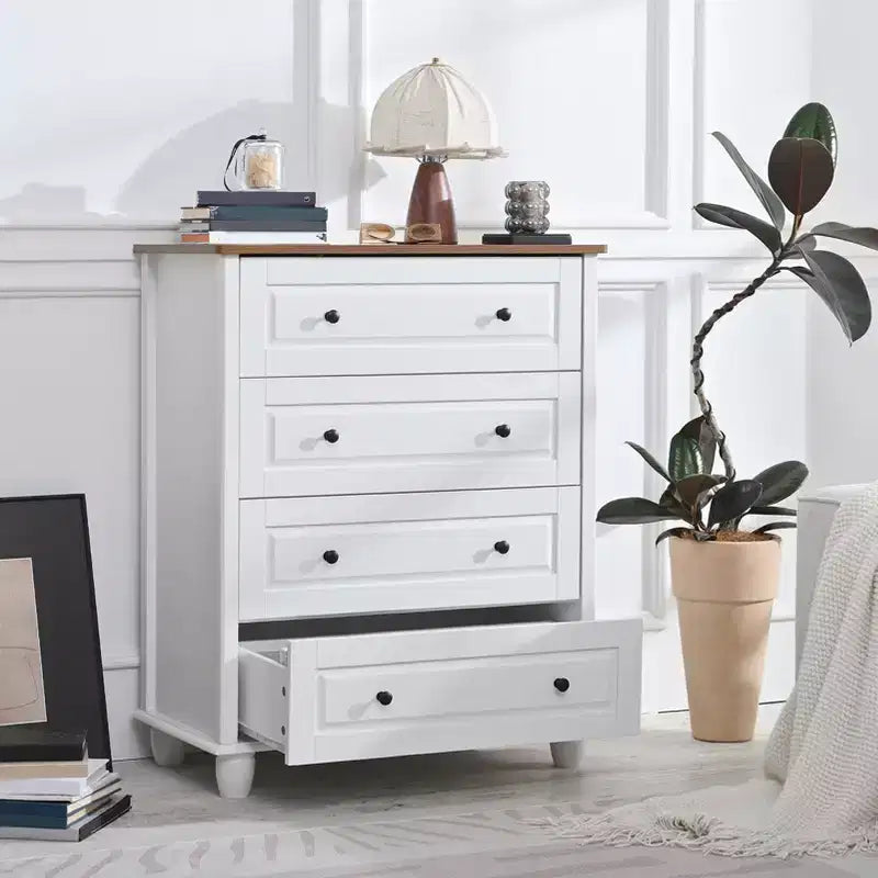 AEELLEEA Commode de chambre blanche à 4 tiroirs avec poignée en métal brossé pour salon