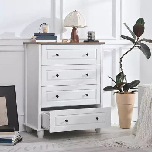 AEELLEEA Commode de chambre blanche à 4 tiroirs avec poignée en métal brossé pour salon