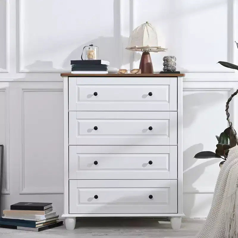 AEELLEEA Commode de chambre blanche à 4 tiroirs avec poignée en métal brossé pour salon