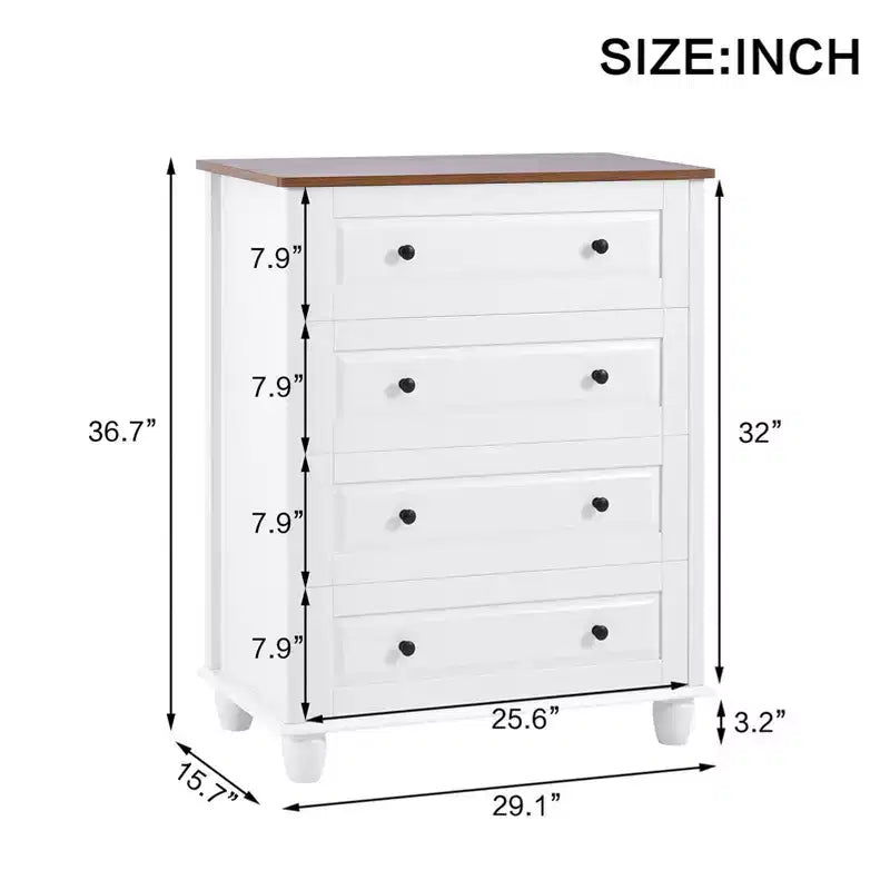 AEELLEEA Commode de chambre blanche à 4 tiroirs avec poignée en métal brossé pour salon