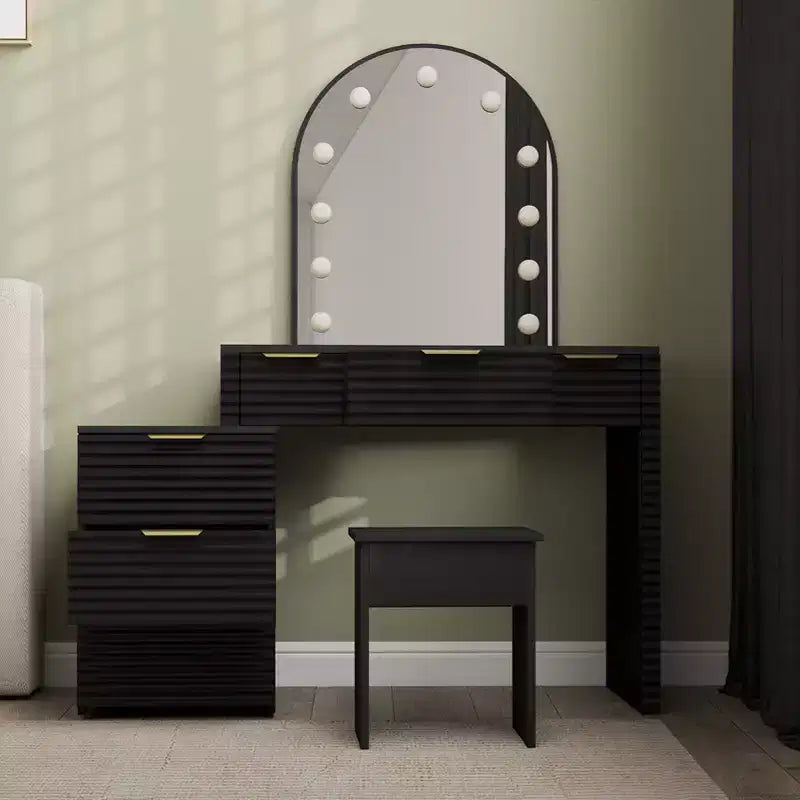 AEELLEEA Coiffeuse de maquillage avec miroir lumineux, plateau en verre, coiffeuse moderne avec tiroirs pour chambre à coucher, prise américaine, noire