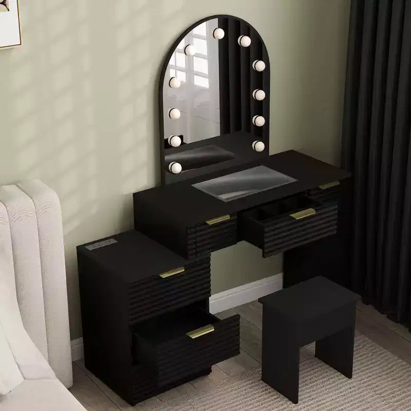 AEELLEEA Coiffeuse de maquillage avec miroir lumineux, plateau en verre, coiffeuse moderne avec tiroirs pour chambre à coucher, prise américaine, noire