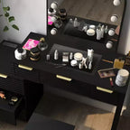 AEELLEEA Coiffeuse de maquillage avec miroir lumineux, plateau en verre, coiffeuse moderne avec tiroirs pour chambre à coucher, prise américaine, noire