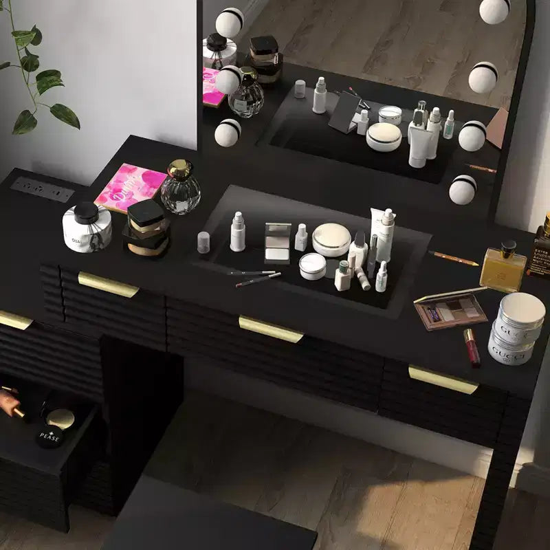 AEELLEEA Coiffeuse de maquillage avec miroir lumineux, plateau en verre, coiffeuse moderne avec tiroirs pour chambre à coucher, prise américaine, noire