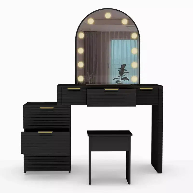 AEELLEEA Coiffeuse de maquillage avec miroir lumineux, plateau en verre, coiffeuse moderne avec tiroirs pour chambre à coucher, prise américaine, noire