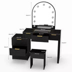 AEELLEEA Coiffeuse de maquillage avec miroir lumineux, plateau en verre, coiffeuse moderne avec tiroirs pour chambre à coucher, prise américaine, noire