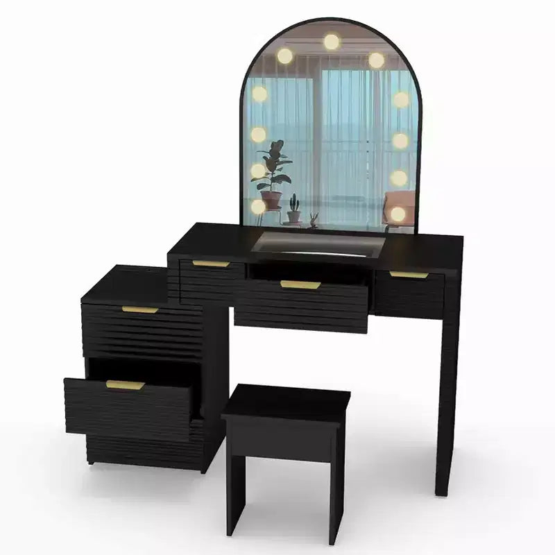 AEELLEEA Coiffeuse de maquillage avec miroir lumineux, plateau en verre, coiffeuse moderne avec tiroirs pour chambre à coucher, prise américaine, noire