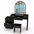 AEELLEEA Coiffeuse de maquillage avec miroir lumineux, plateau en verre, coiffeuse moderne avec tiroirs pour chambre à coucher, prise américaine, noire