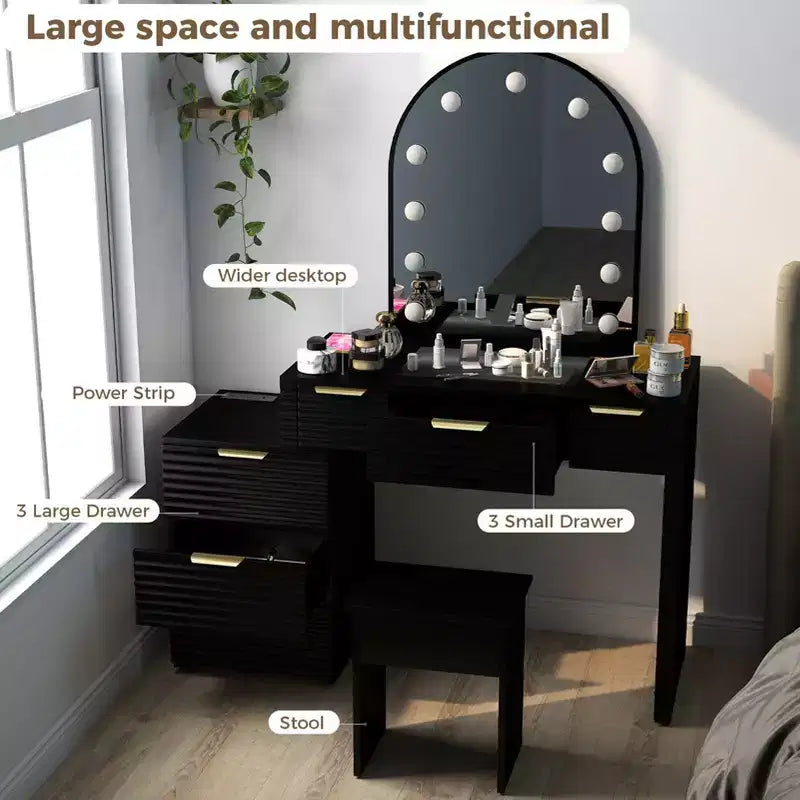 AEELLEEA Coiffeuse de maquillage avec miroir lumineux, plateau en verre, coiffeuse moderne avec tiroirs pour chambre à coucher, prise américaine, noire
