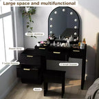 AEELLEEA Coiffeuse de maquillage avec miroir lumineux, plateau en verre, coiffeuse moderne avec tiroirs pour chambre à coucher, prise américaine, noire