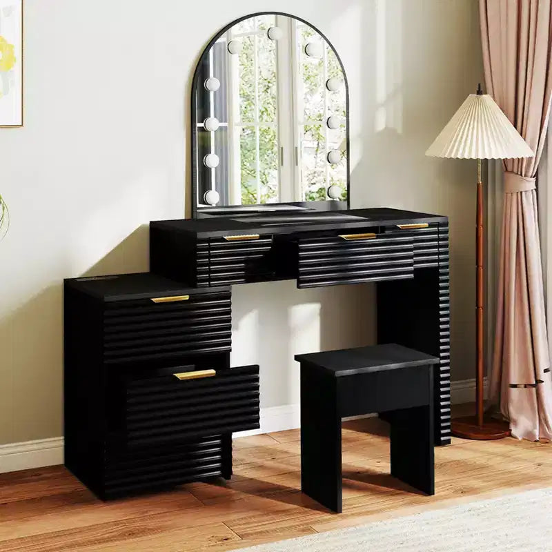 AEELLEEA Coiffeuse de maquillage avec miroir lumineux, plateau en verre, coiffeuse moderne avec tiroirs pour chambre à coucher, prise américaine, noire