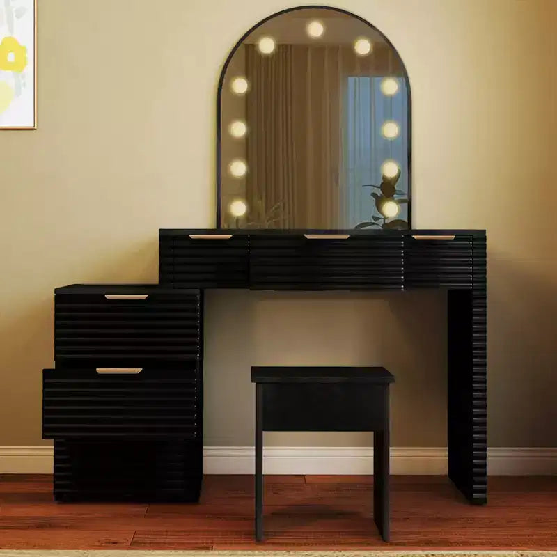 AEELLEEA Coiffeuse de maquillage avec miroir lumineux, plateau en verre, coiffeuse moderne avec tiroirs pour chambre à coucher, prise américaine, noire
