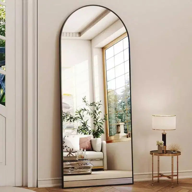 Miroir pleine longueur arqué de 56 pouces avec cadre en alliage d'aluminium, noir, à poser ou à fixer au mur, grand miroir de dressing