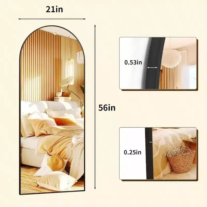 Miroir pleine longueur arqué de 56 pouces avec cadre en alliage d'aluminium, noir, à poser ou à fixer au mur, grand miroir de dressing