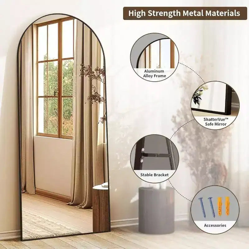 Miroir pleine longueur arqué de 56 pouces avec cadre en alliage d'aluminium, noir, à poser ou à fixer au mur, grand miroir de dressing