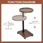 Table d'appoint en C, table de canapé pivotante à 360° et réglable en hauteur, table d'appoint ronde roulante réglable en hauteur marron