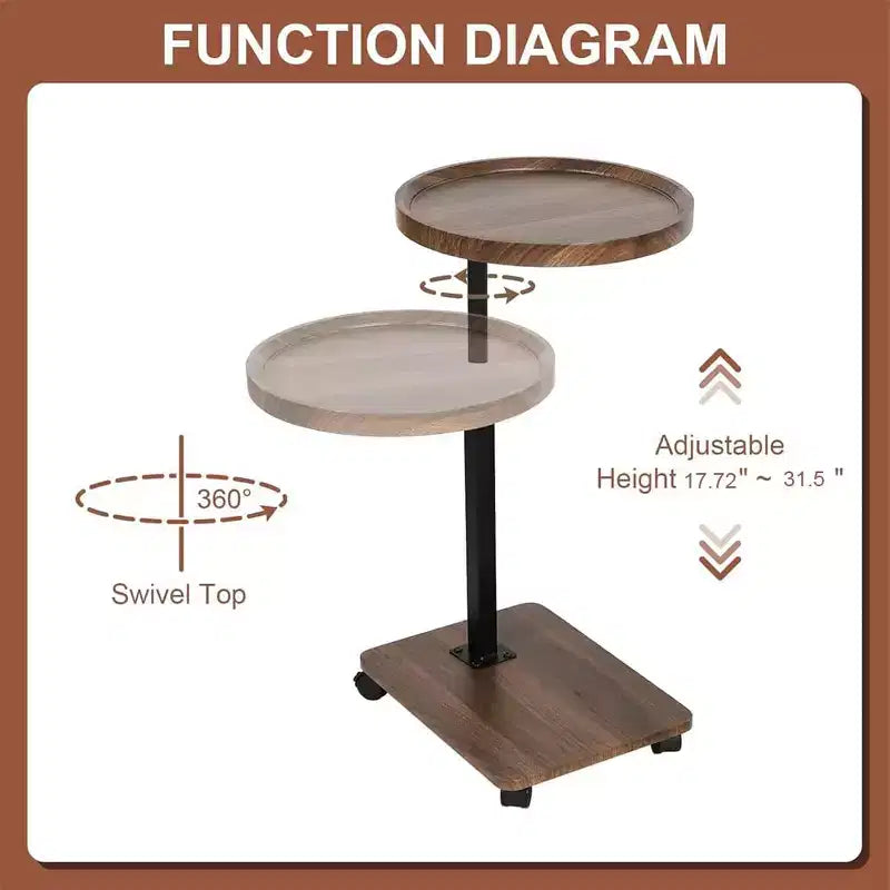 Table d'appoint en C, table de canapé pivotante à 360° et réglable en hauteur, table d'appoint ronde roulante réglable en hauteur marron