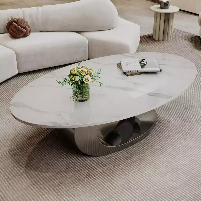Table basse ovale 49", plateau en faux marbre avec base en acier inoxydable, table centrale contemporaine pour salon-Panipeachy