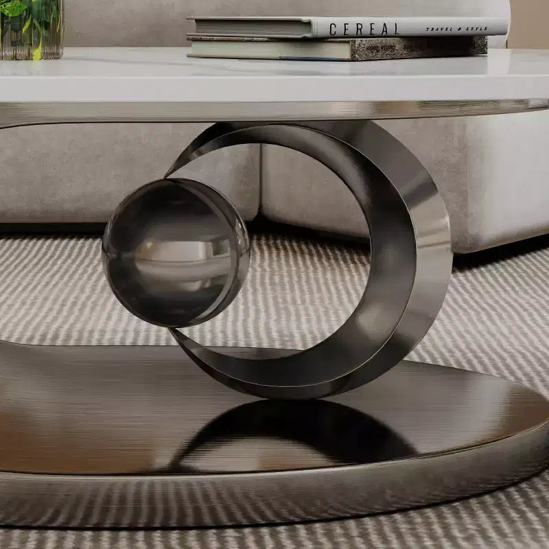 Table basse ovale 49", plateau en faux marbre avec base en acier inoxydable, table centrale contemporaine pour salon-Panipeachy