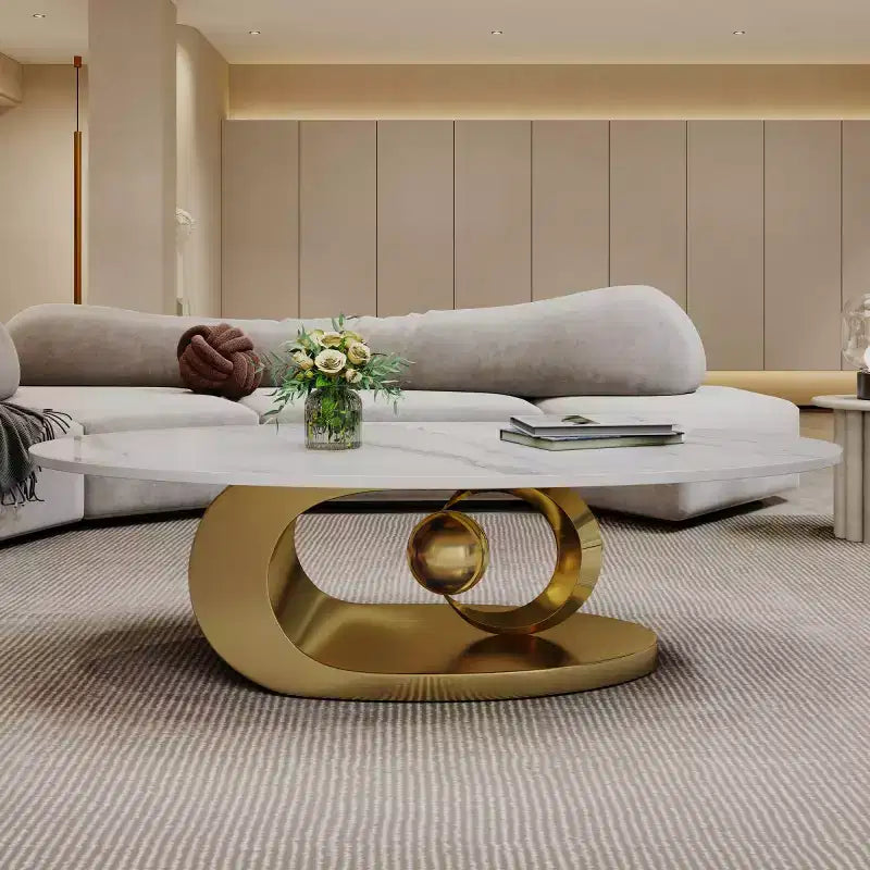 Table basse ovale 49", plateau en faux marbre avec base en acier inoxydable, table centrale contemporaine pour salon-Panipeachy