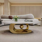 Table basse ovale 49", plateau en faux marbre avec base en acier inoxydable, table centrale contemporaine pour salon-Panipeachy