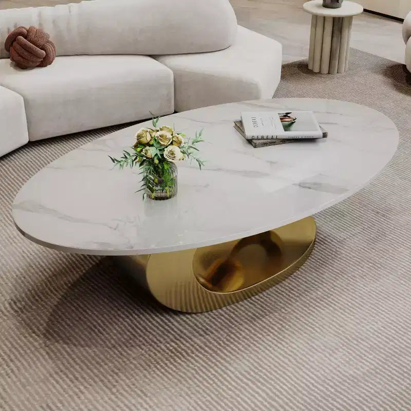 Table basse ovale 49", plateau en faux marbre avec base en acier inoxydable, table centrale contemporaine pour salon-Panipeachy