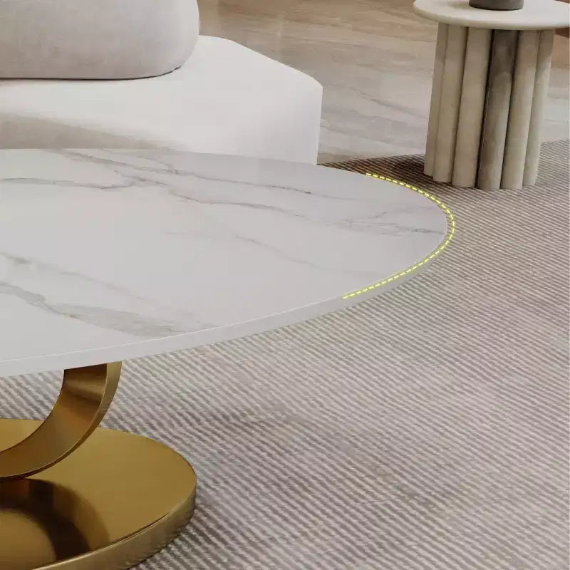 Table basse ovale 49", plateau en faux marbre avec base en acier inoxydable, table centrale contemporaine pour salon-Panipeachy