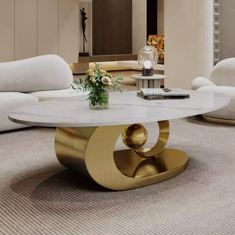 49 Oval Coffee Table, Faux Marble Top with Stainless Steel Base, Contemporary Center Table for Living Room-Panipeachy