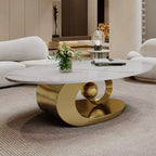 49 Oval Coffee Table, Faux Marble Top with Stainless Steel Base, Contemporary Center Table for Living Room-Panipeachy