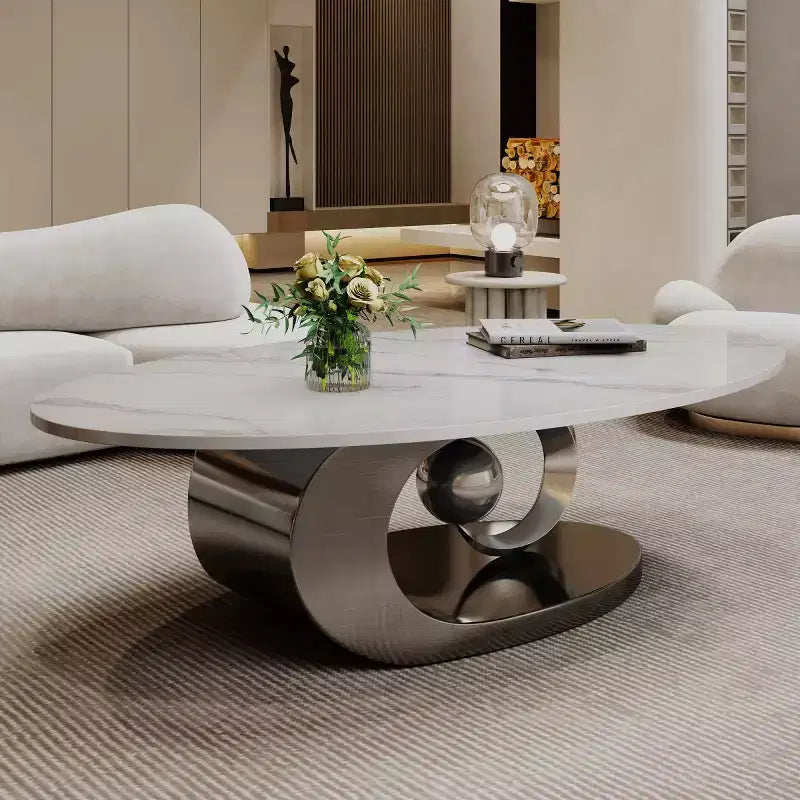 Table basse ovale 49", plateau en faux marbre avec base en acier inoxydable, table centrale contemporaine pour salon-Panipeachy