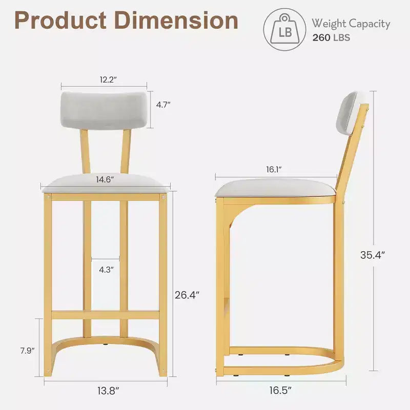 Lot de tabourets de bar, tabourets de bar hauteur comptoir de cuisine, chaises d'îlot, tabourets de bar modernes hauts avec dossier, tabourets de comptoir en métal rembourrés
