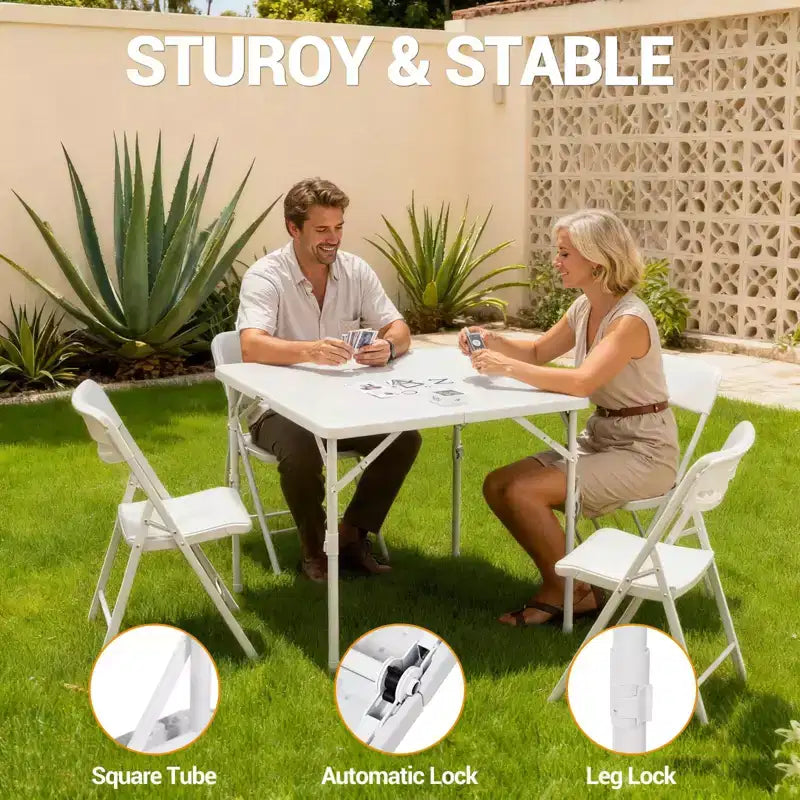 Table de jeu carrée pliante de 86 cm, table de salle à manger portable pliable en deux avec poignée et verrou de sécurité, tables à manger pliantes en plastique pour l'intérieur et l'extérieur