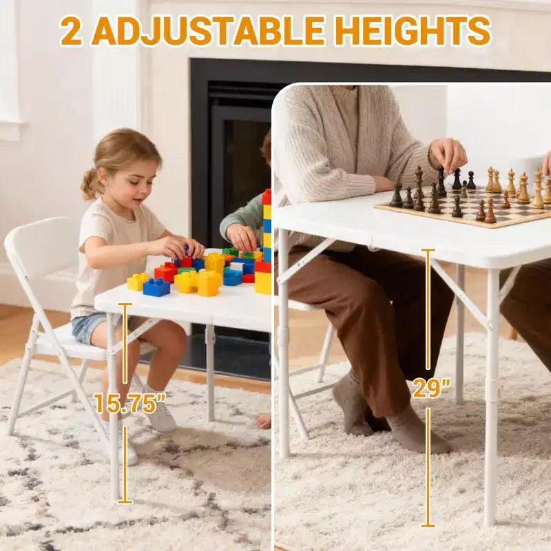 Table de jeu carrée pliante de 86 cm, table de salle à manger portable pliable en deux avec poignée et verrou de sécurité, tables à manger pliantes en plastique pour l'intérieur et l'extérieur