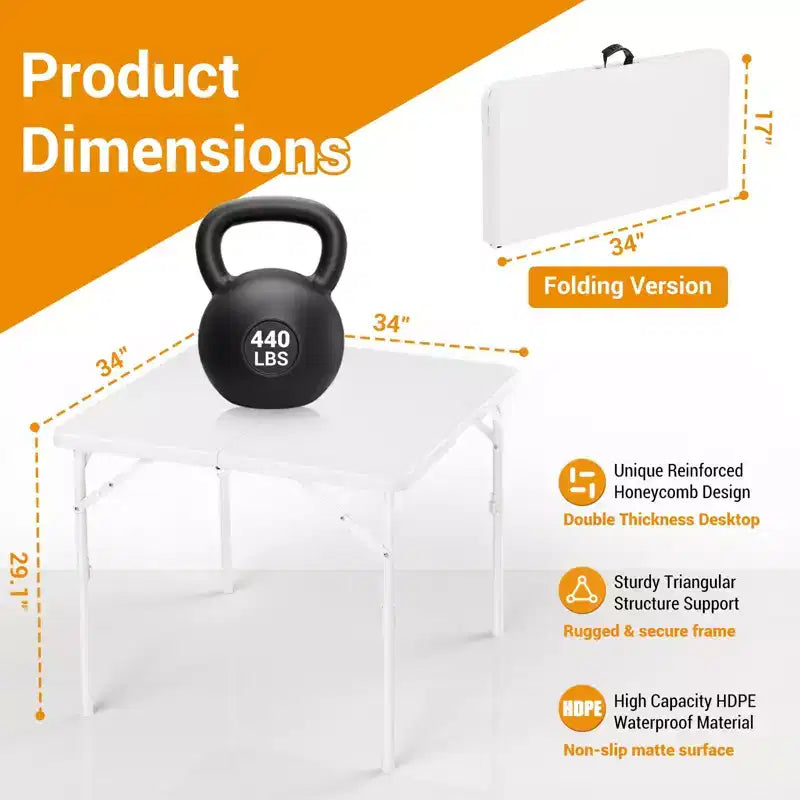 Table de jeu carrée pliante de 86 cm, table de salle à manger portable pliable en deux avec poignée et verrou de sécurité, tables à manger pliantes en plastique pour l'intérieur et l'extérieur