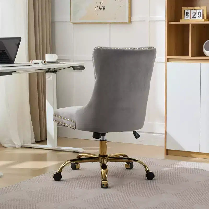 Chaise de bureau moderne pivotante TUYOHW avec dossier capitonné, chaise d'ordinateur en velours moelleux avec base en métal chromé, hauteur réglable de 19,7 à 22,4