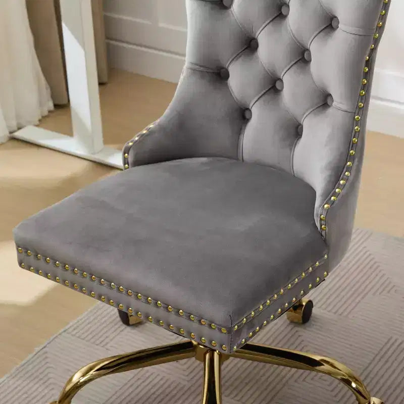 Chaise de bureau moderne pivotante TUYOHW avec dossier capitonné, chaise d'ordinateur en velours moelleux avec base en métal chromé, hauteur réglable de 19,7 à 22,4