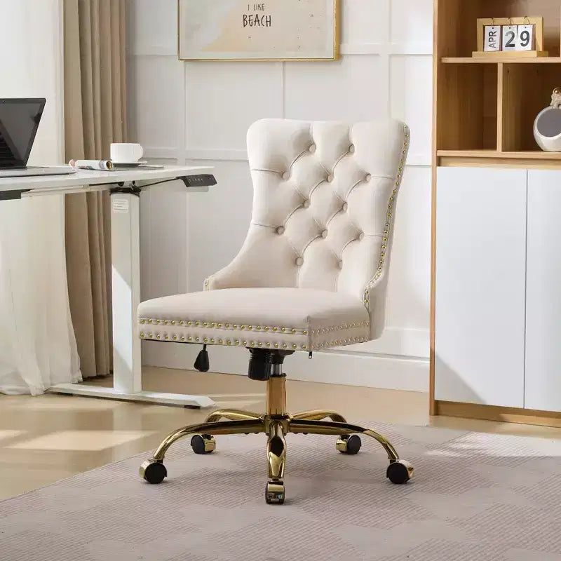 Chaise de bureau moderne pivotante TUYOHW avec dossier capitonné, chaise d'ordinateur en velours moelleux avec base en métal chromé, hauteur réglable de 19,7 à 22,4