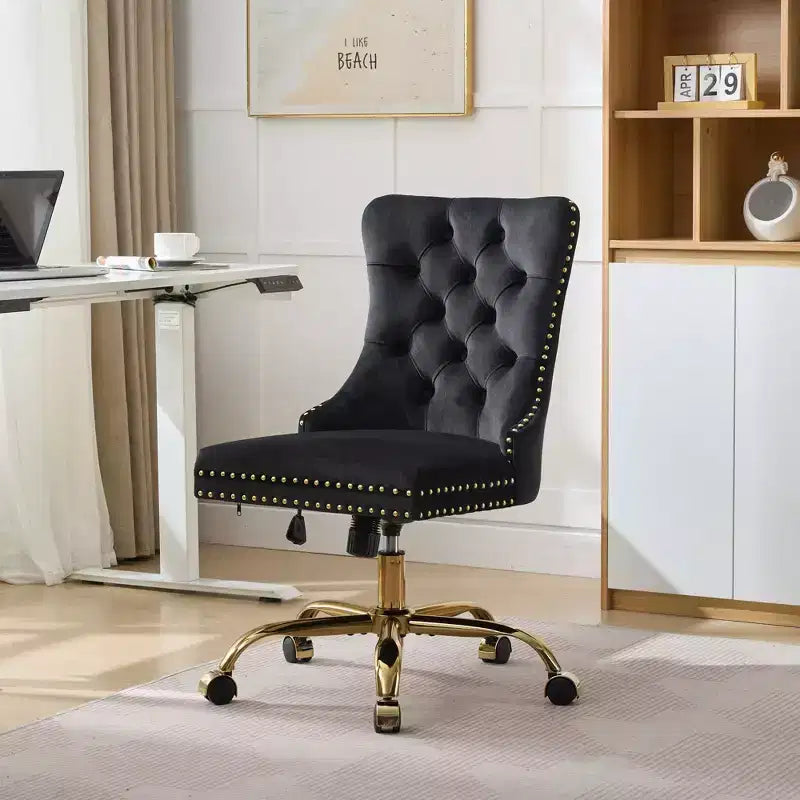 Chaise de bureau moderne pivotante TUYOHW avec dossier capitonné, chaise d'ordinateur en velours moelleux avec base en métal chromé, hauteur réglable de 19,7 à 22,4