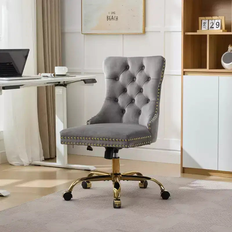 Chaise de bureau moderne pivotante TUYOHW avec dossier capitonné, chaise d'ordinateur en velours moelleux avec base en métal chromé, hauteur réglable de 19,7 à 22,4
