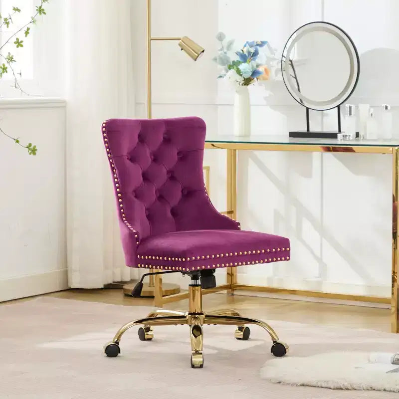 Chaise de bureau moderne pivotante TUYOHW avec dossier capitonné, chaise d'ordinateur en velours moelleux avec base en métal chromé, hauteur réglable de 19,7 à 22,4