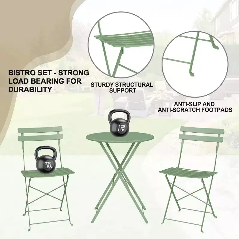 Ensemble de Bistro 3 Pièces pour Patio, Mobilier de Jardin d'Extérieur avec Table Ronde et 2 Chaises Pliantes, pour Porche, Balcon, Jardin
