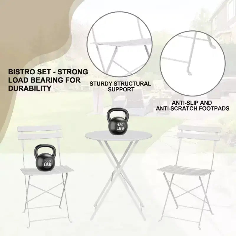 Ensemble de Bistro 3 Pièces pour Patio, Mobilier de Jardin d'Extérieur avec Table Ronde et 2 Chaises Pliantes, pour Porche, Balcon, Jardin