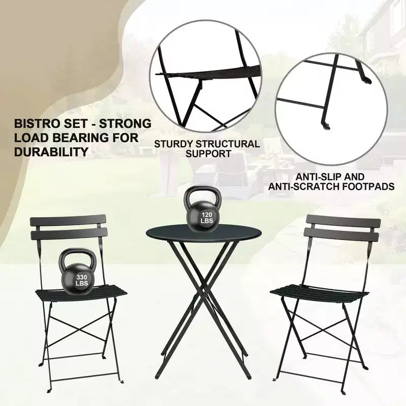 Ensemble de Bistro 3 Pièces pour Patio, Mobilier de Jardin d'Extérieur avec Table Ronde et 2 Chaises Pliantes, pour Porche, Balcon, Jardin