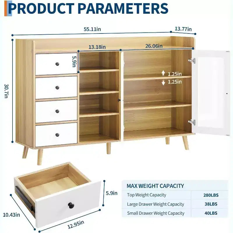 Meuble de Rangement Acekool 55, Buffet de Cuisine Noyer avec Tiroir, Portes Vitrées & Étagères Réglables, Meuble Bar à Café pour Salle à Manger