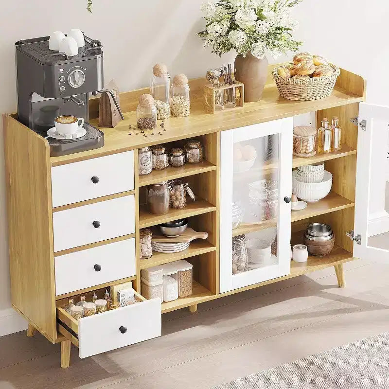 Meuble de Rangement Acekool 55, Buffet de Cuisine Noyer avec Tiroir, Portes Vitrées & Étagères Réglables, Meuble Bar à Café pour Salle à Manger